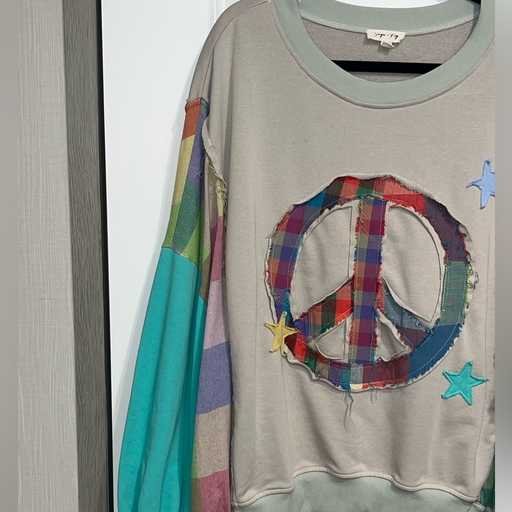 SAGE AND FIG Oversized Sweatshirt Appliqué Patch Women’s Large BohoCore - Picture 6 of 7